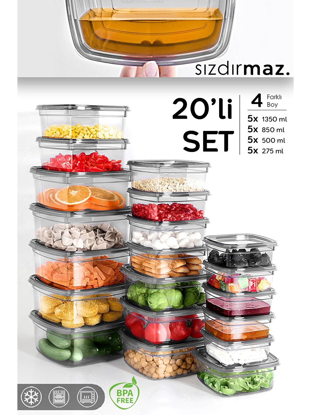 20 li Kare Sızdırmaz Saklama Kabı Seti Düzenleyici Erzak Kabı 5x 275 500 850 1350 ml Antrasit