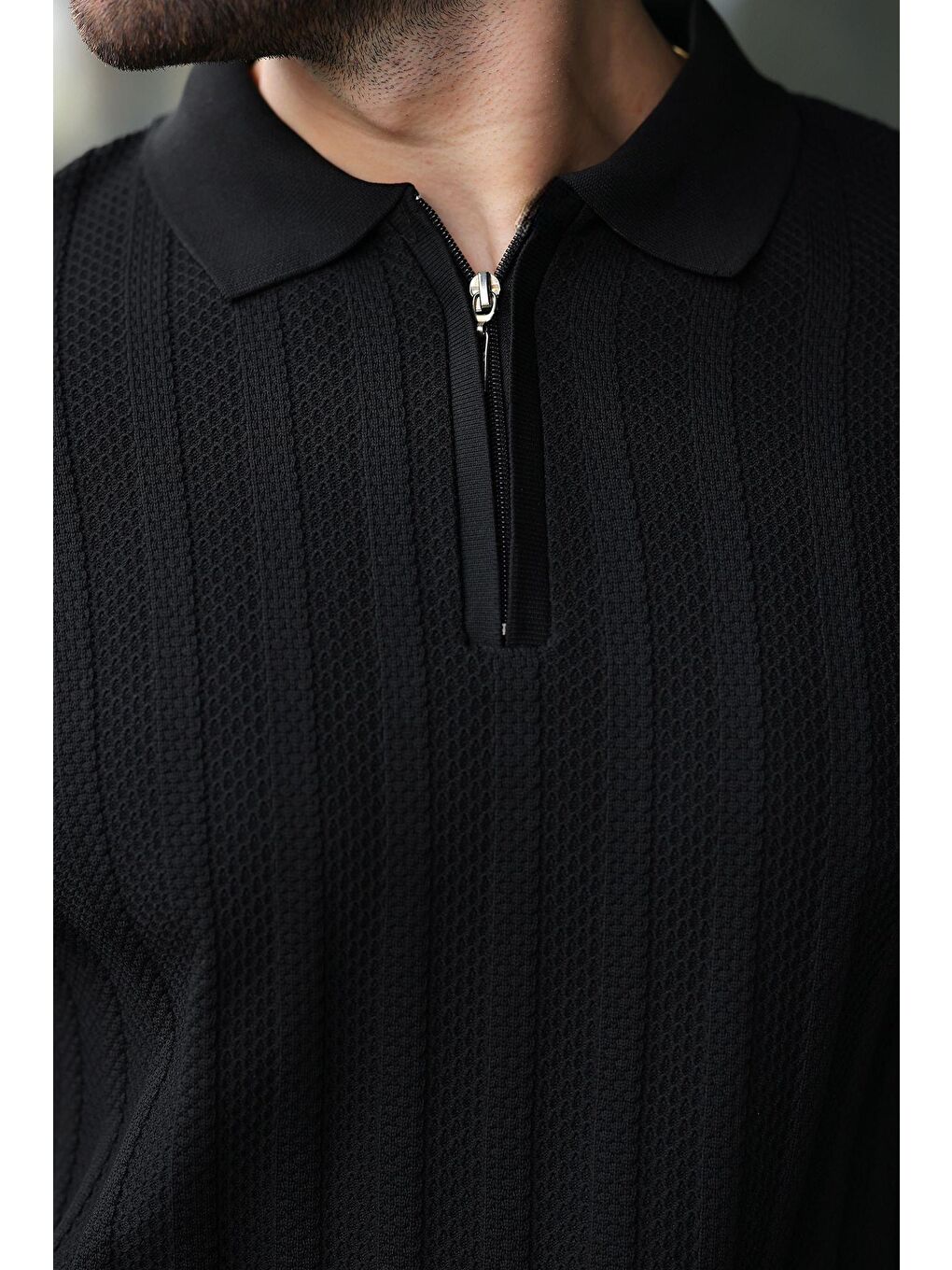 Siyah Yarım Fermuarlı Polo Yaka Triko Kazak E7426-1