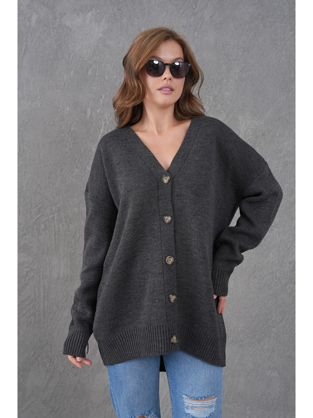 Antrasit Kadın V Yaka Düğme Kapama Oversize Uzun Triko Hırka-2