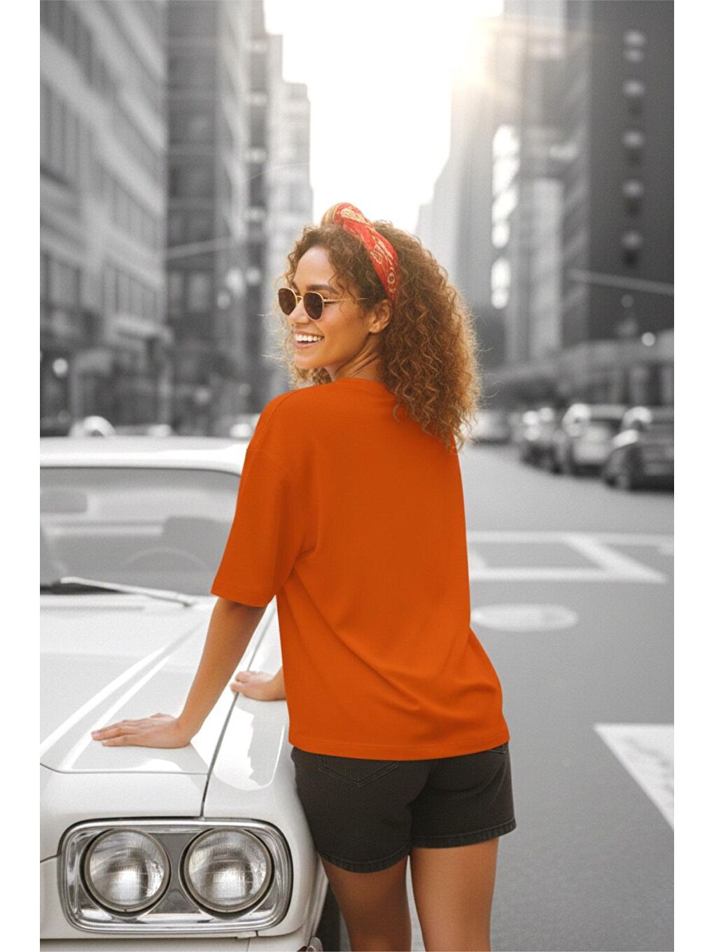 Turuncu Mily Kadın Oversize Basic Bisiklet Yaka Pamuklu T-Shirt Rahat Kesim Unisex Sevgili Kombini-2