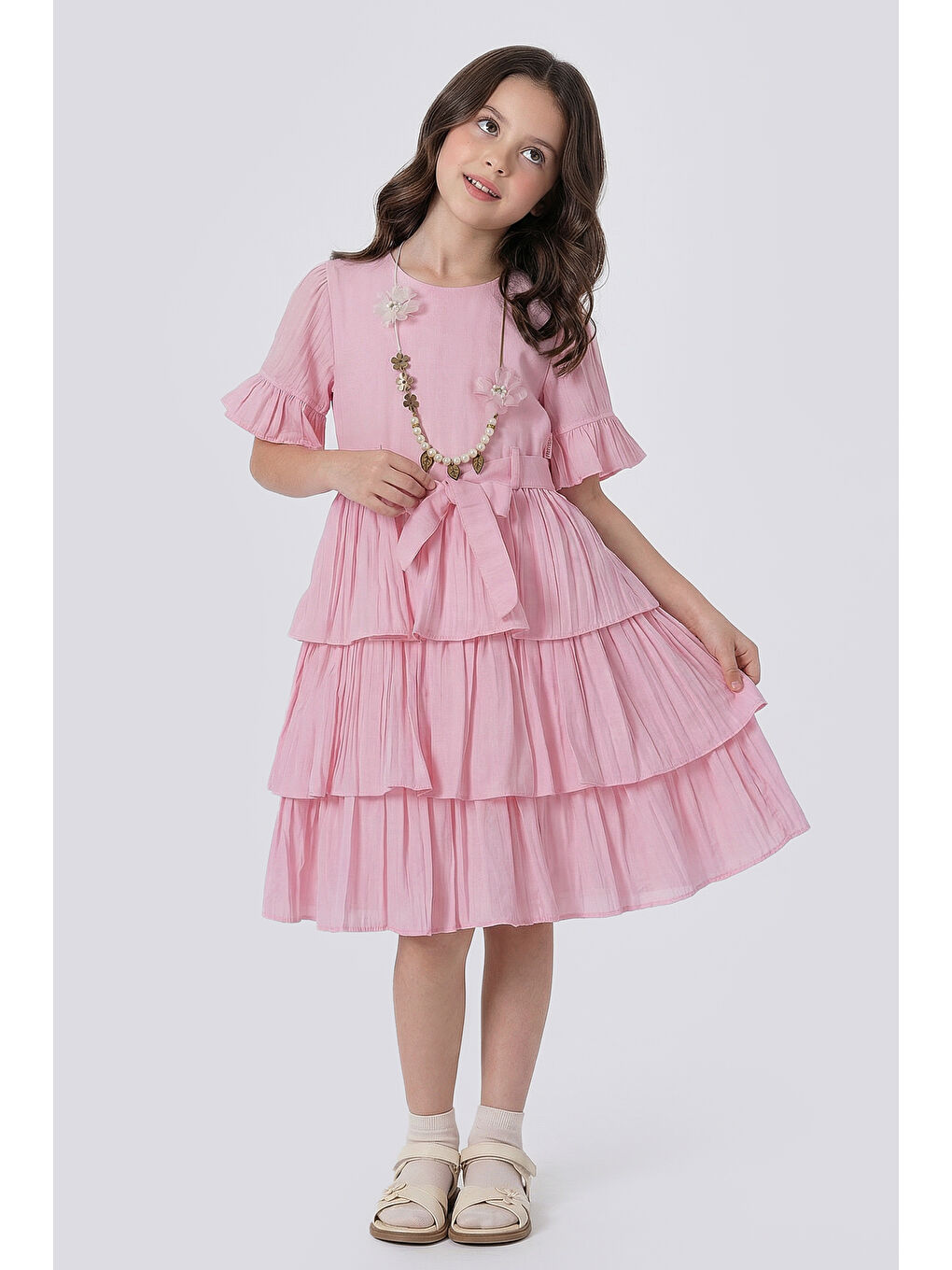 Pembe Kız Çocuk  Eteği Katlı Kısa Kollu Kolyeli Elbise-5