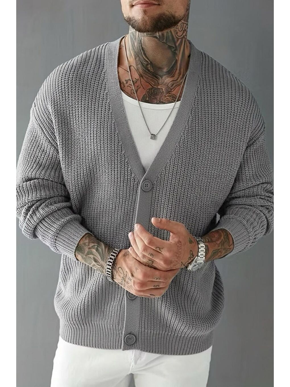 Gri Grov Düğmeli V Yaka Kalın Erkek Hırka-1