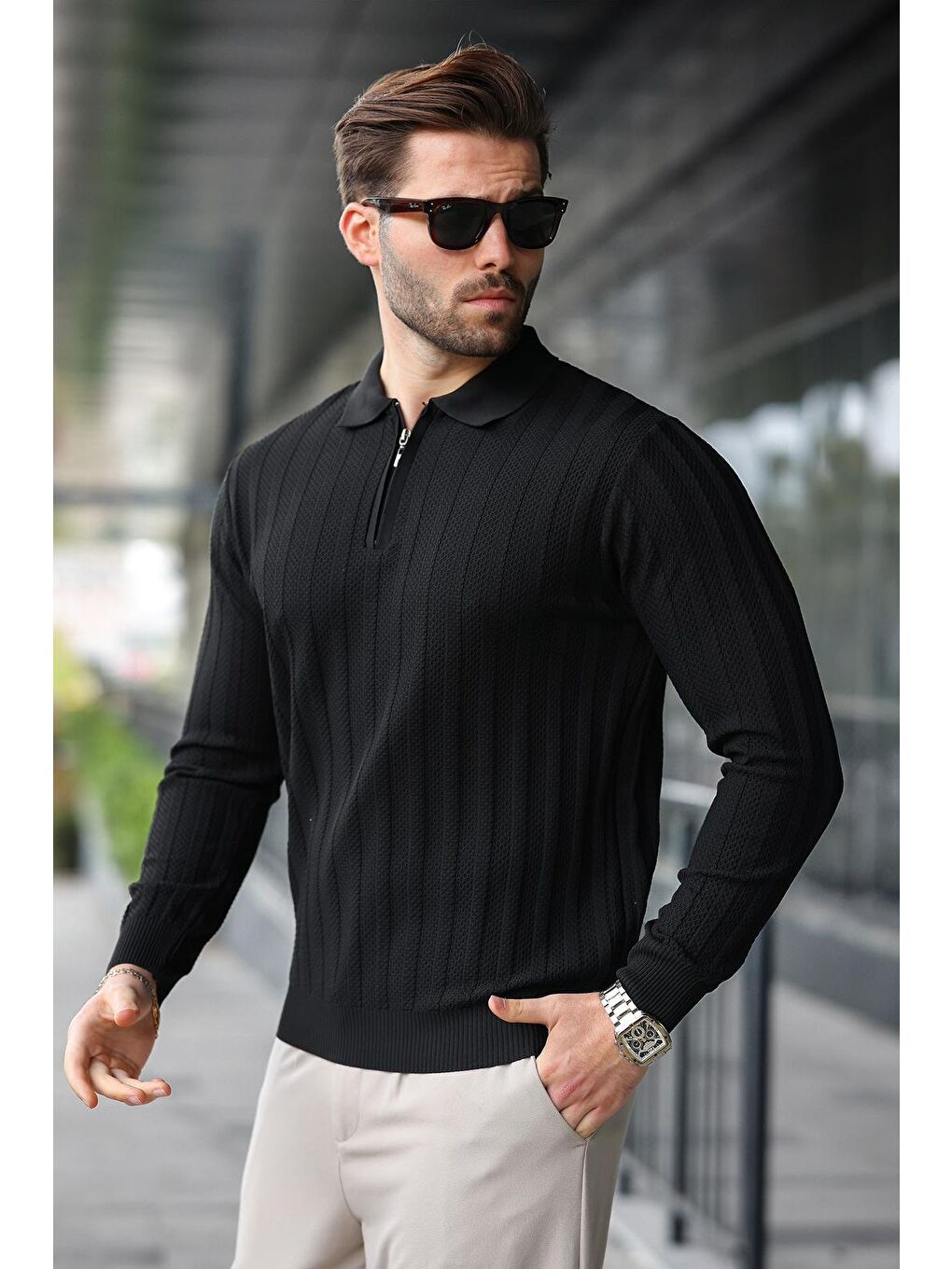 Siyah Yarım Fermuarlı Polo Yaka Triko Kazak E7426-2