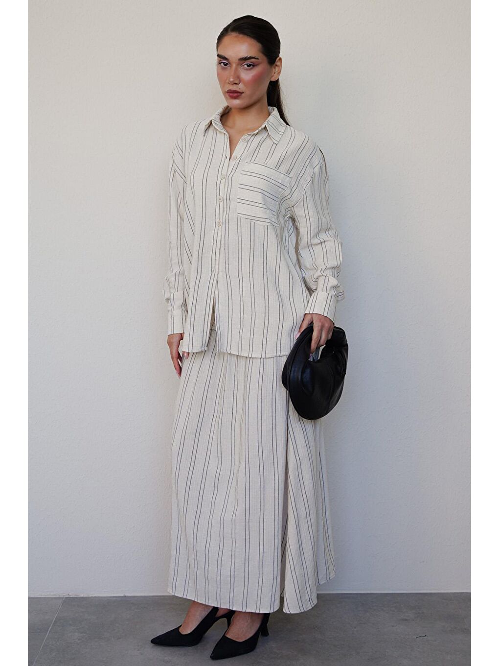 Ekru Çizgili Keten Etek Gömlek Takım Mg2447