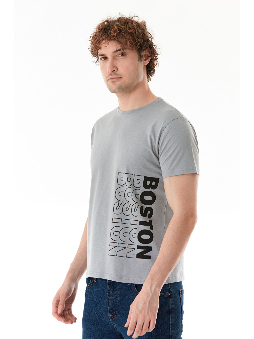 Gri Boston Yazı Baskılı Bisiklet Yaka %100 Pamuk Tişört-2