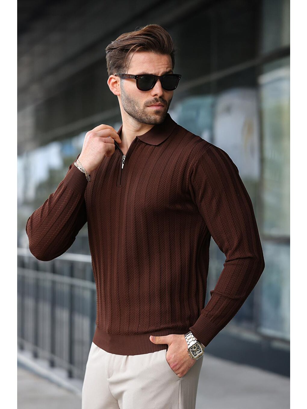 Kahverengi Yarım Fermuarlı Polo Yaka Triko Kazak E7426-1