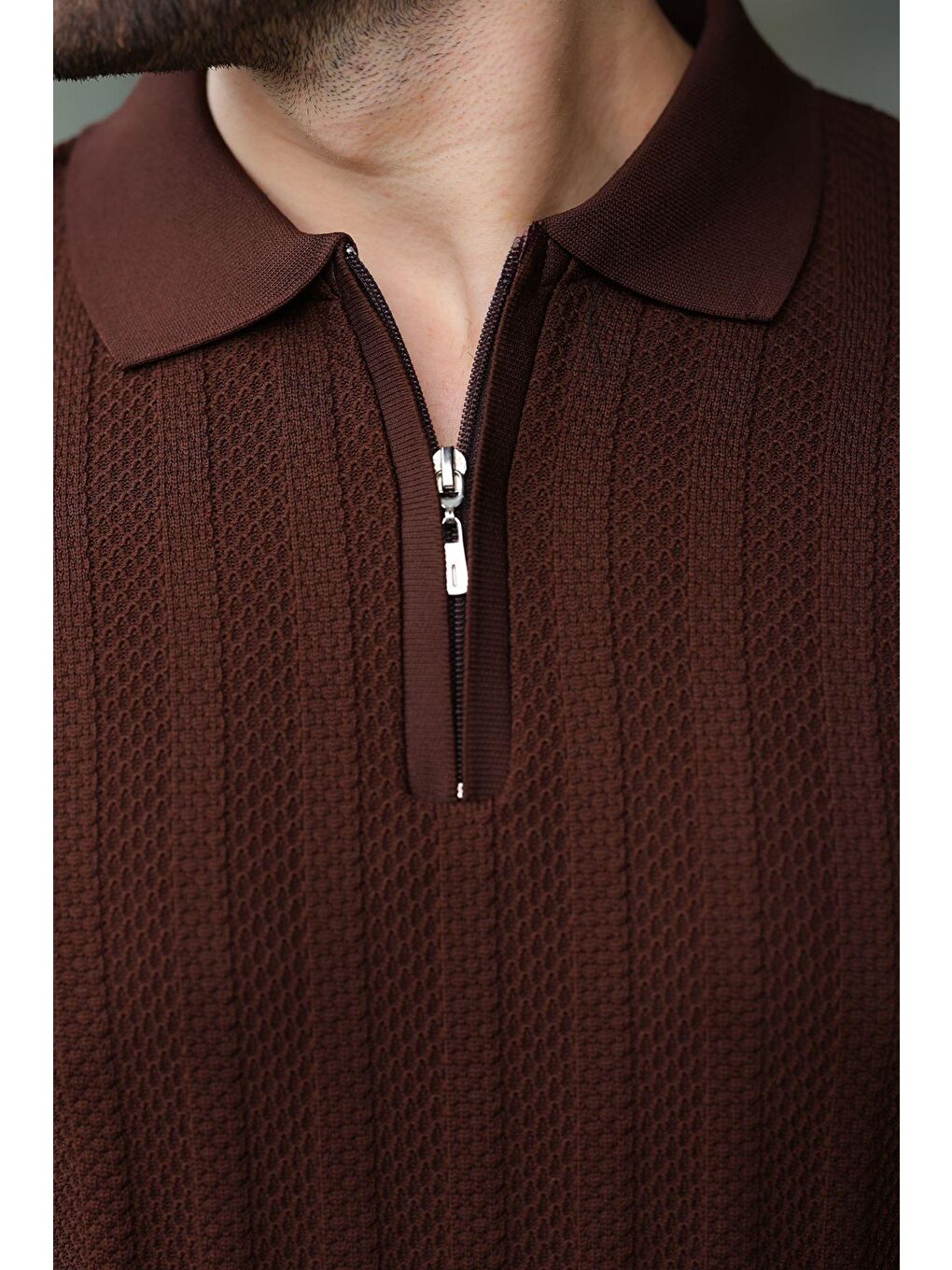 Kahverengi Yarım Fermuarlı Polo Yaka Triko Kazak E7426-2