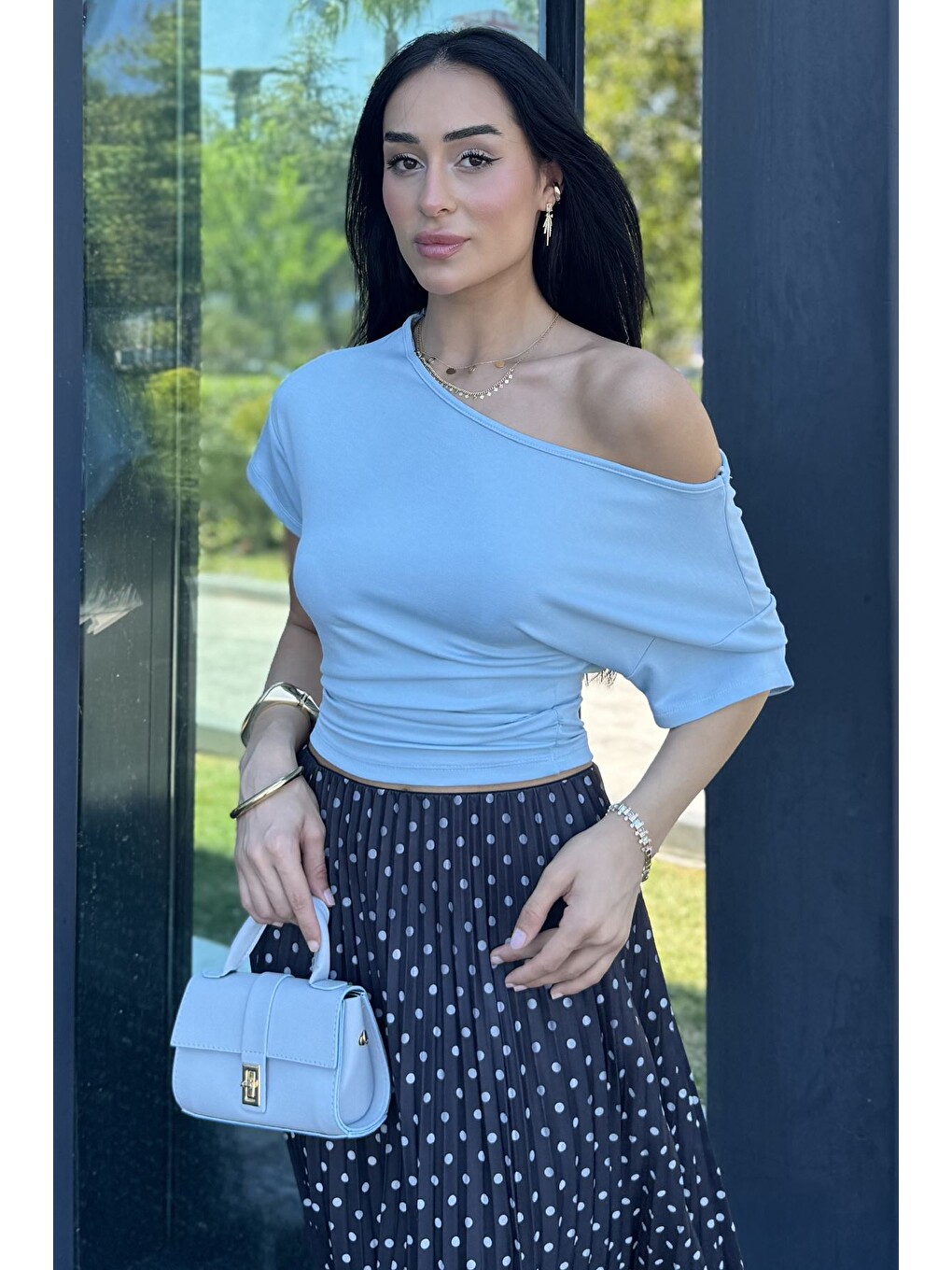 Mavi Yan Büzgülü Bluz-2