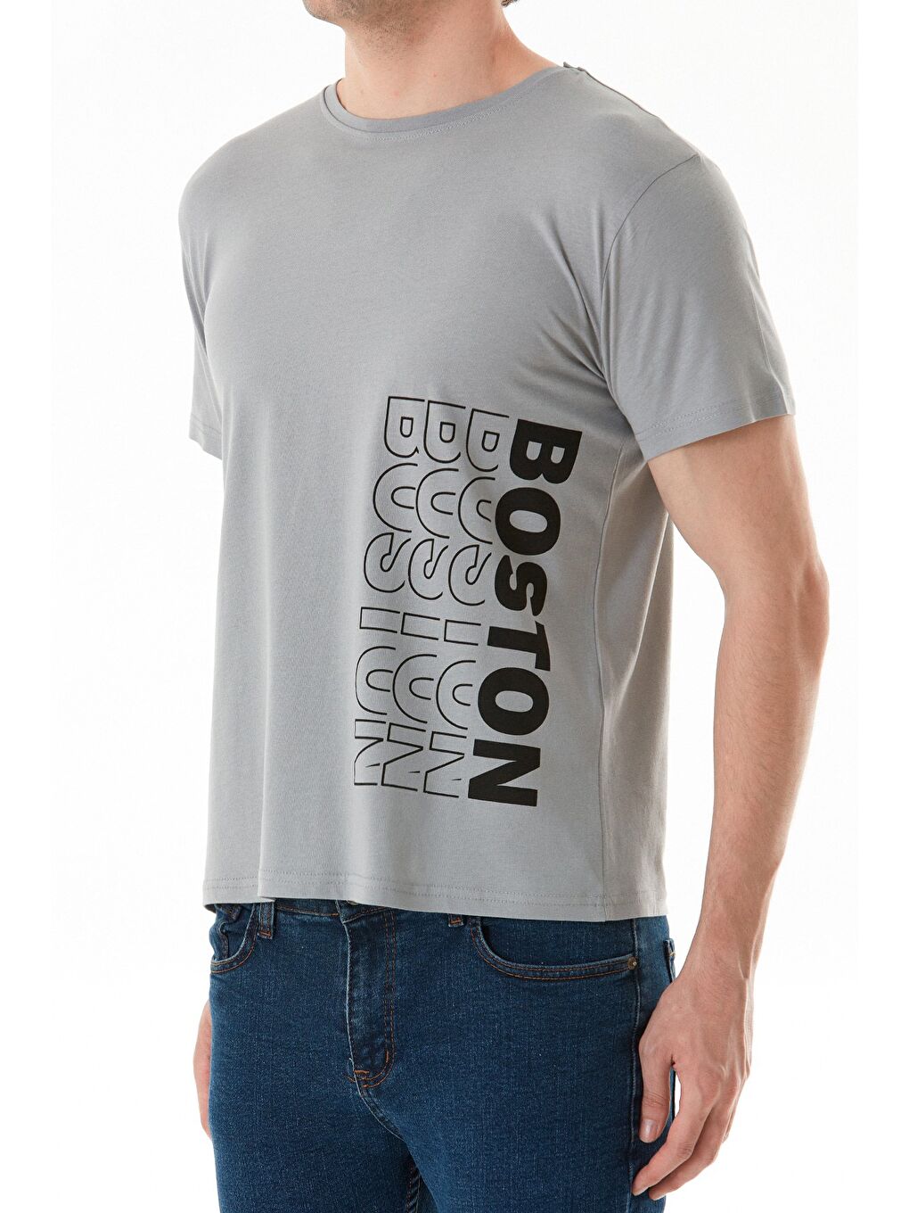 Gri Boston Yazı Baskılı Bisiklet Yaka %100 Pamuk Tişört-4