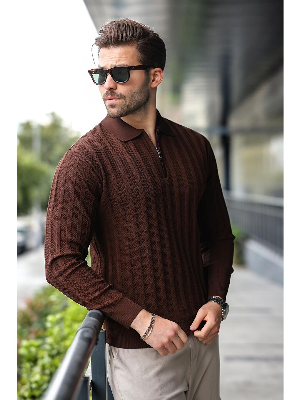 Kahverengi Yarım Fermuarlı Polo Yaka Triko Kazak E7426-3