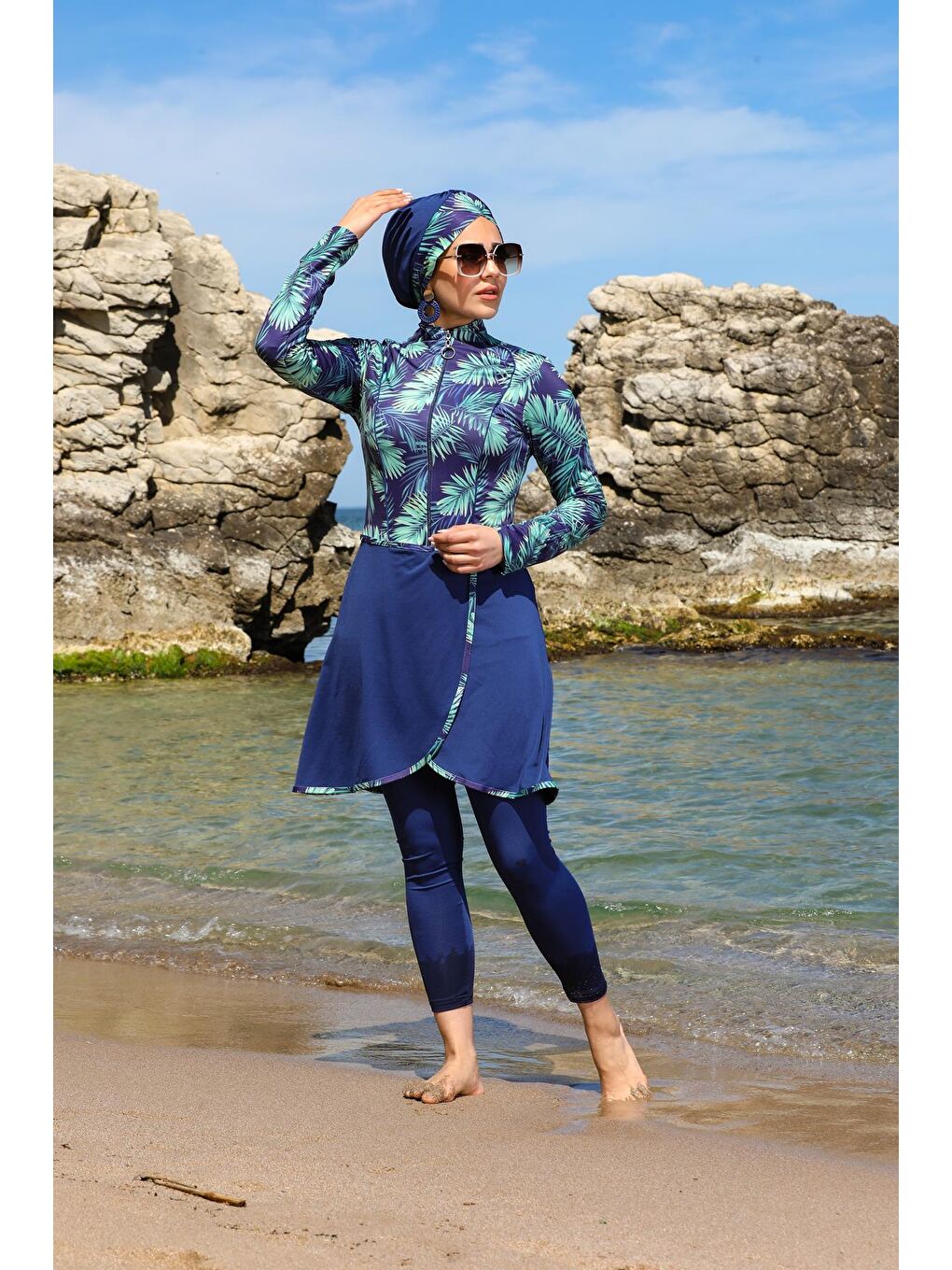 Lacivert Pareo Model Tasarım Taytlı Kapalı Tesettür Mayo 22922294