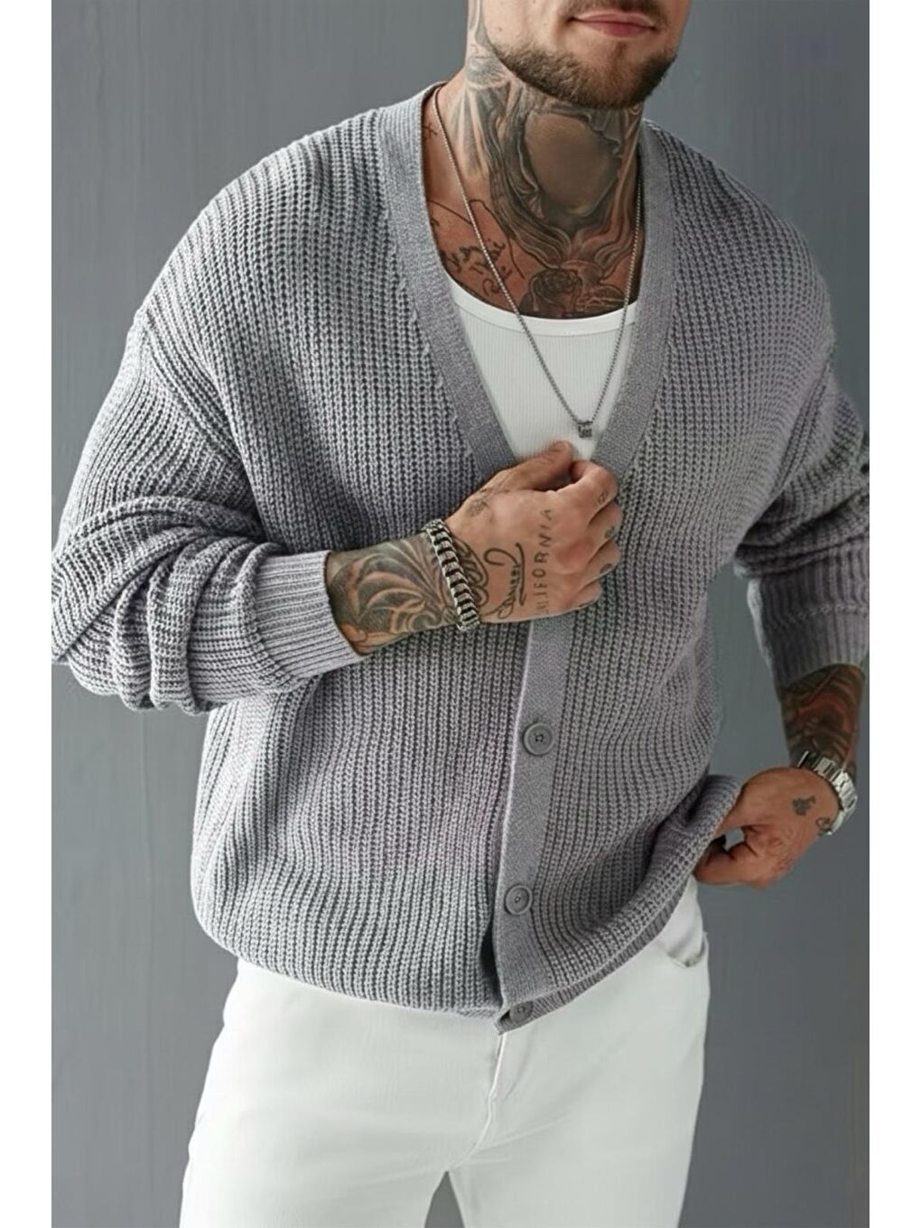 Gri Grov Düğmeli V Yaka Kalın Erkek Hırka-2