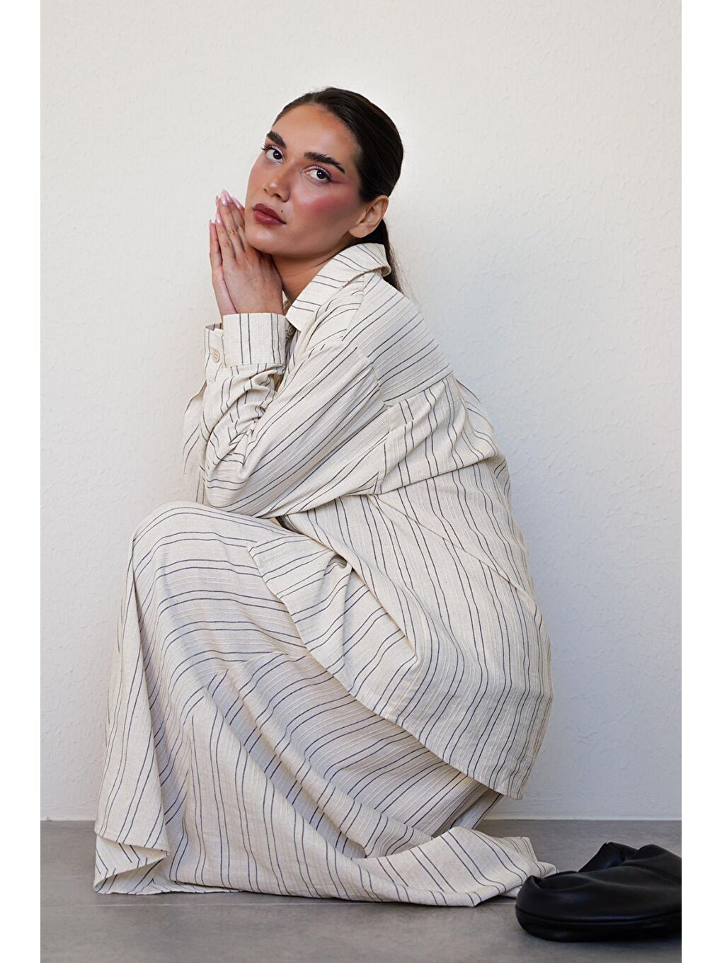 Ekru Çizgili Keten Etek Gömlek Takım Mg2447-1