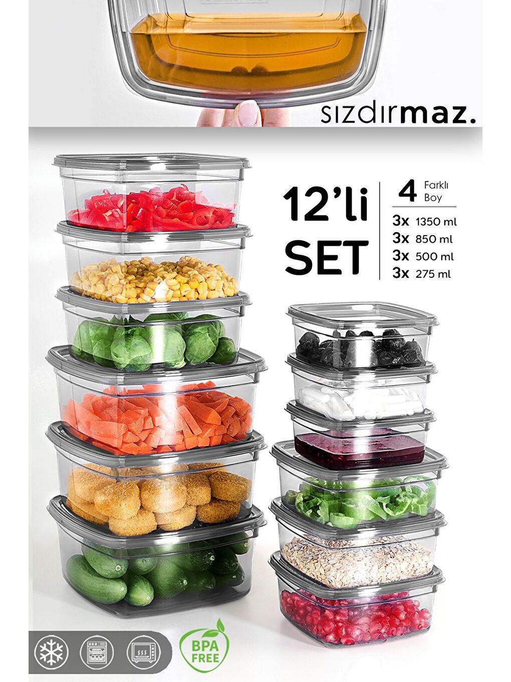 12'li Kare Sızdırmaz Saklama Kabı Seti Düzenleyici Erzak Kabı 3x 275 500 850 1350 ml Antrasit