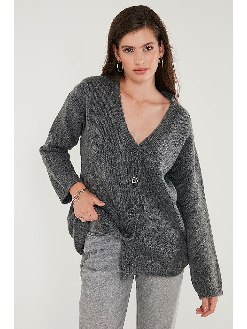 Antrasit Regular Fit V Yaka Düğmeli Triko Hırka 4616229-3