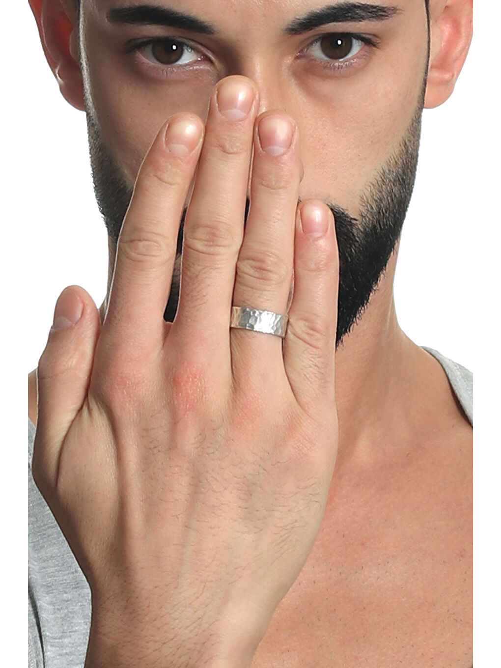 Gri Erkek Antik Gümüş Kaplama Ayarlanabilir Eskitme Dövülmüş Band Yüzük-3