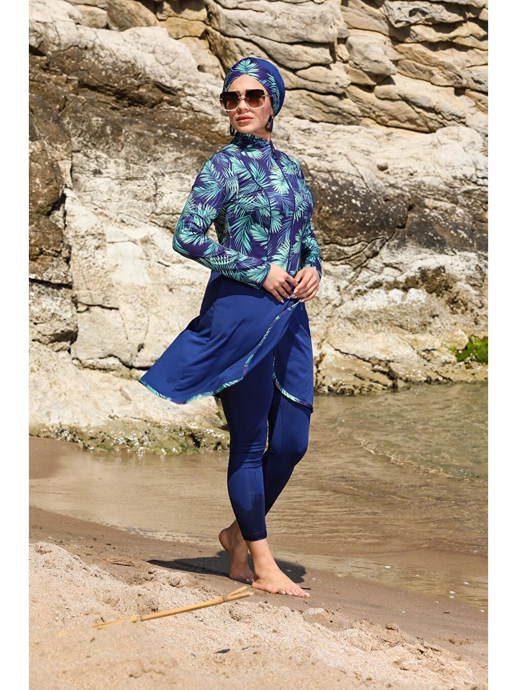 Lacivert Pareo Model Tasarım Taytlı Kapalı Tesettür Mayo 22922294-1