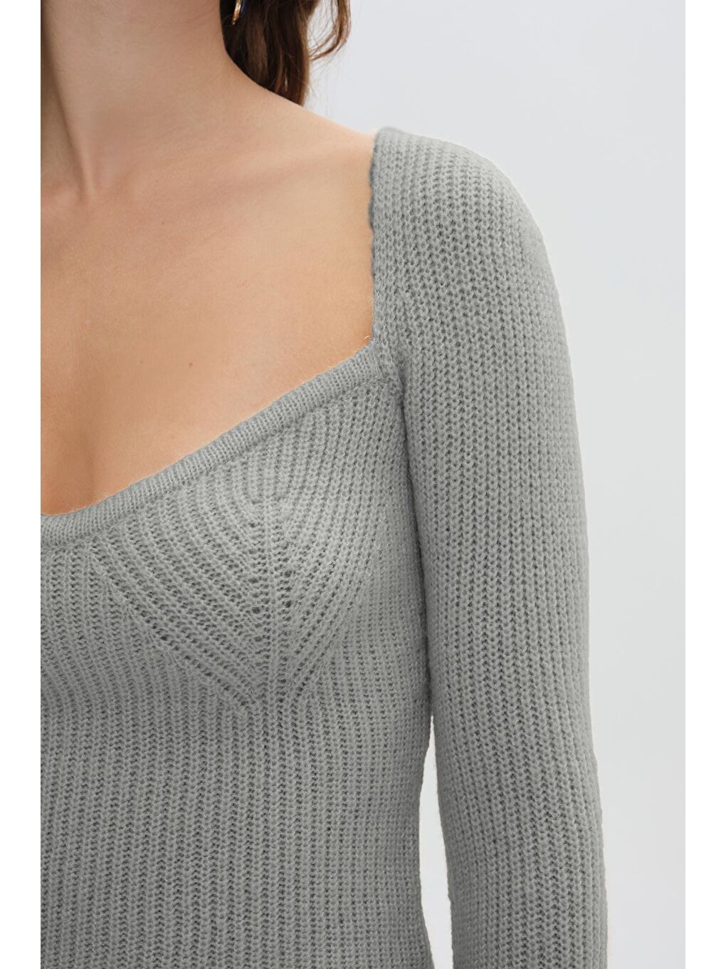 Gri Melanj Uzun Kollu Triko Kazak-2