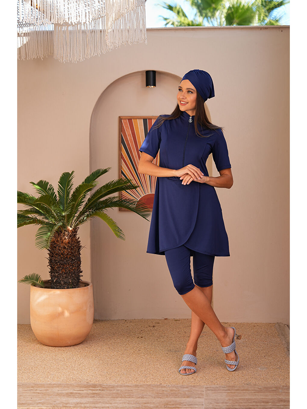 Lacivert Pareo Model Kısa Kol Yarı Kapalı Tesettür Mayo 2200-2