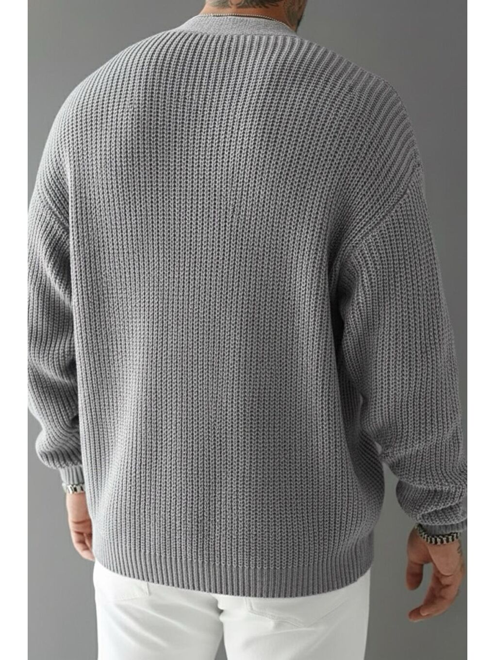 Gri Grov Düğmeli V Yaka Kalın Erkek Hırka-3