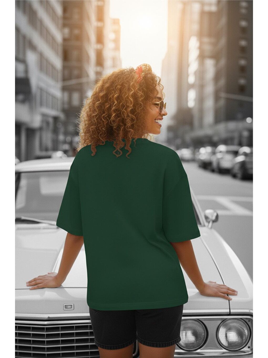 Yeşil Mily Kadın Oversize Basic Bisiklet Yaka Pamuklu T-Shirt Rahat Kesim Unisex Sevgili Kombini-2
