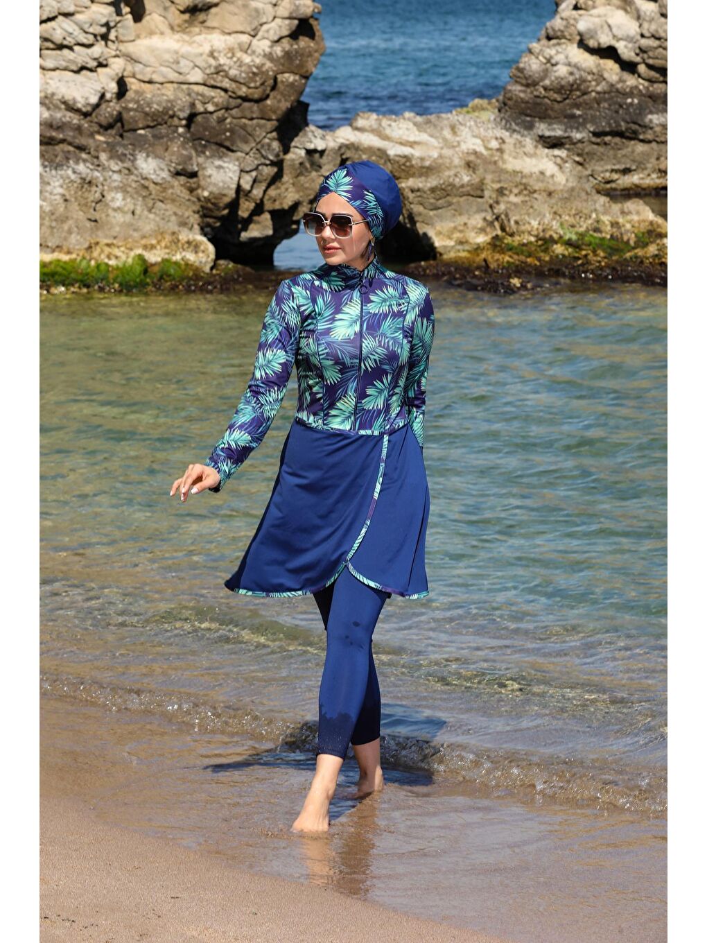 Lacivert Pareo Model Tasarım Taytlı Kapalı Tesettür Mayo 22922294-3