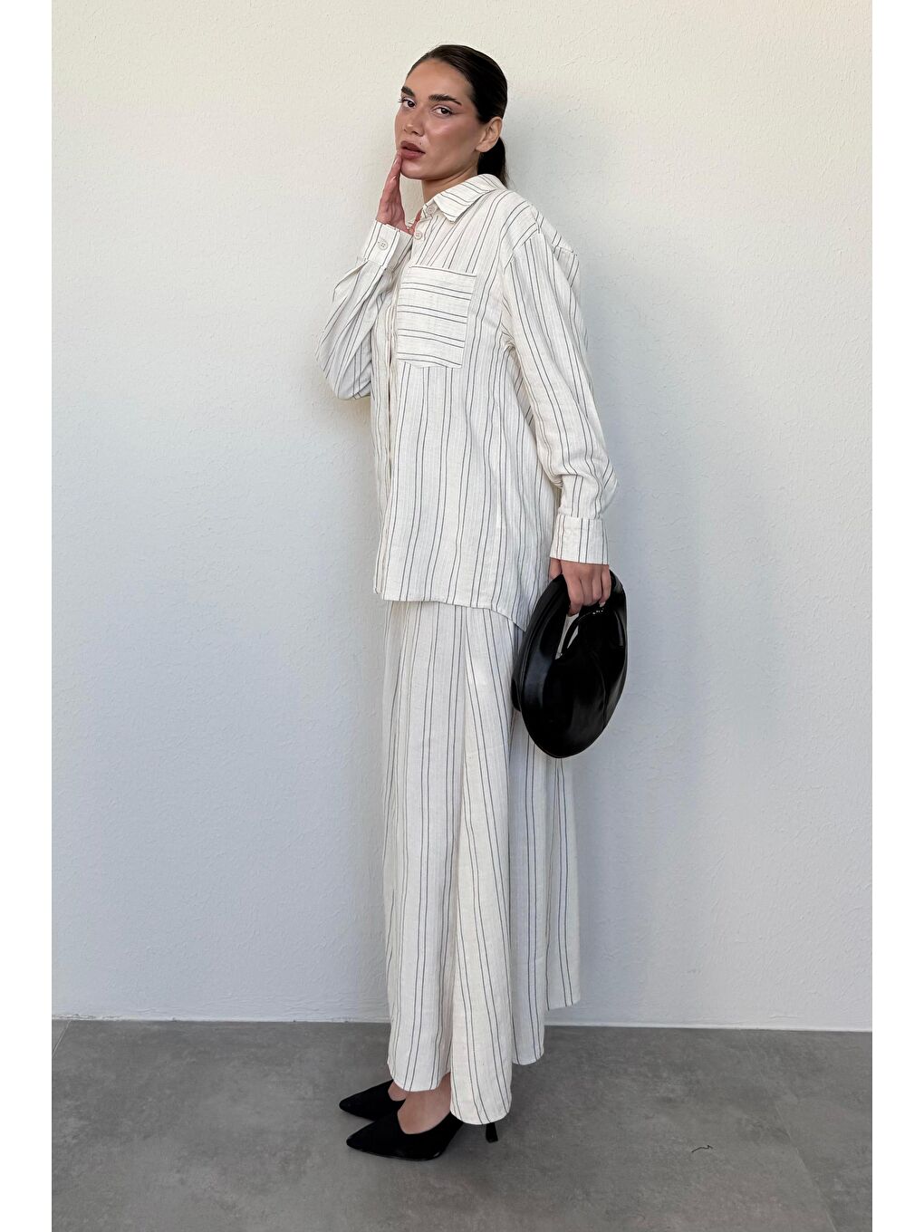 Ekru Çizgili Keten Etek Gömlek Takım Mg2447-2