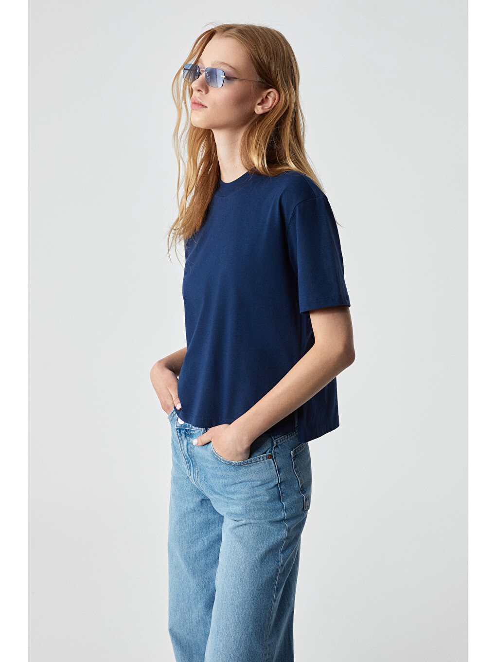 Remsos Kadın Oversize Bisiklet Yaka Kısa Kol Lacivert T-shirt-3