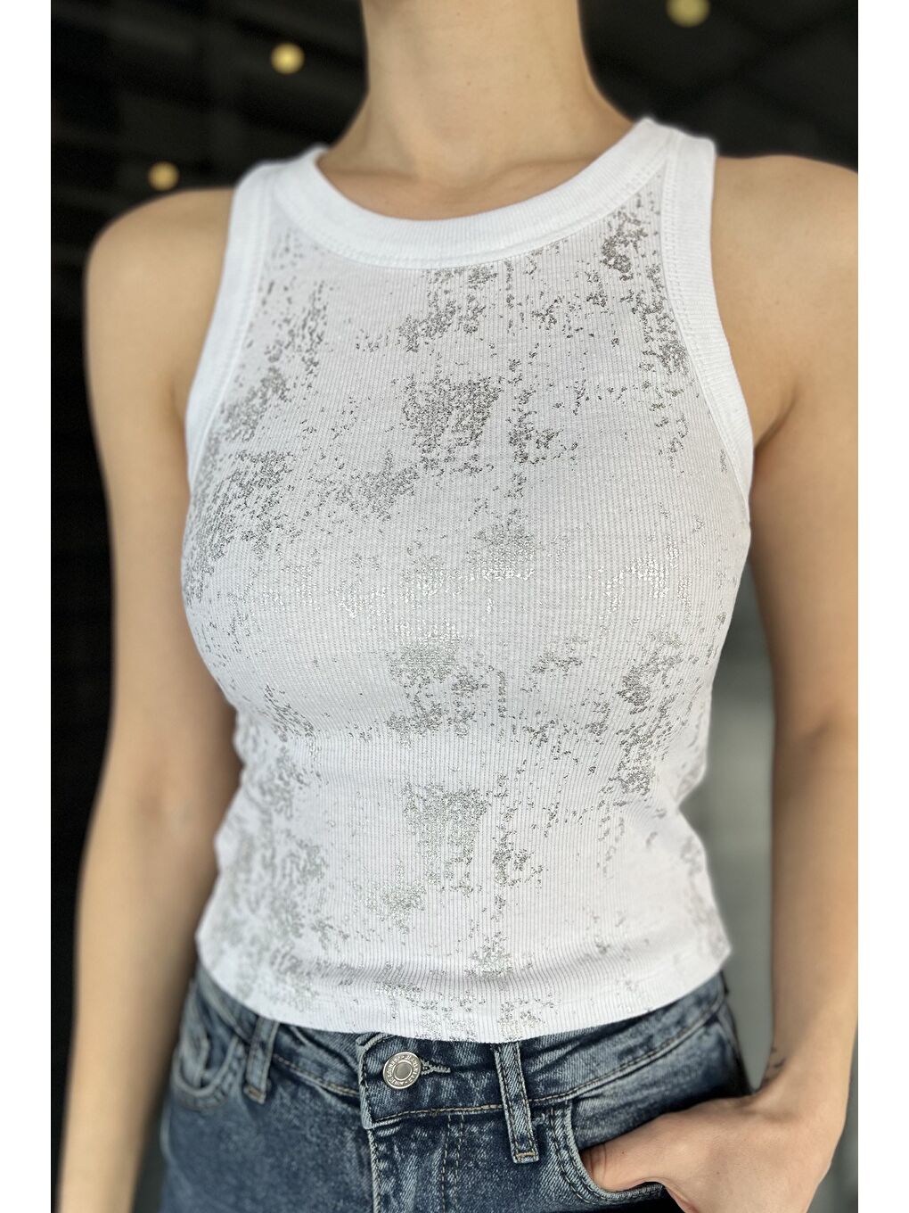 Beyaz Kadın Işıltılı Sıfır Kol Kaşkorse Bluz-2