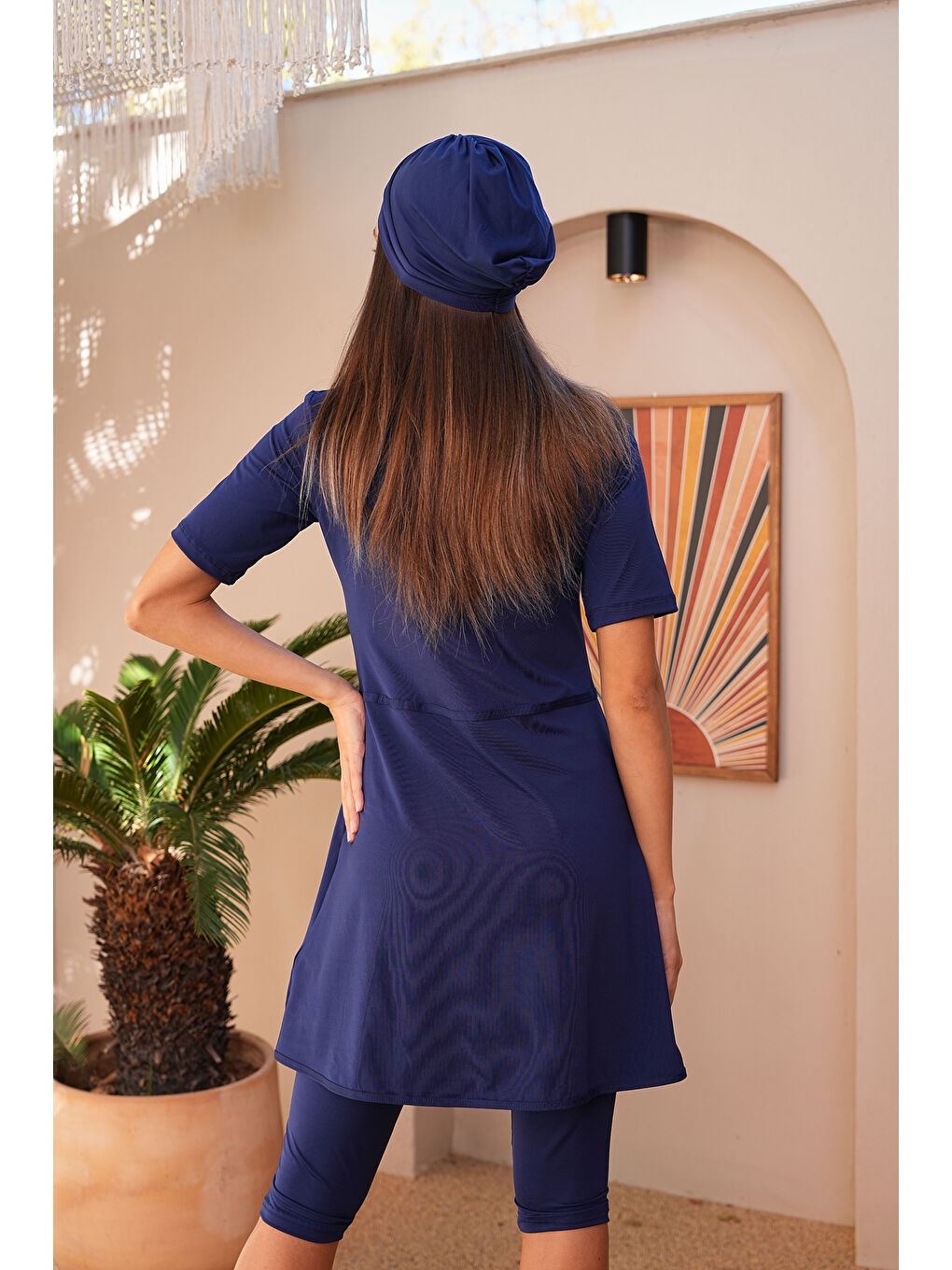 Lacivert Pareo Model Kısa Kol Yarı Kapalı Tesettür Mayo 2200-4