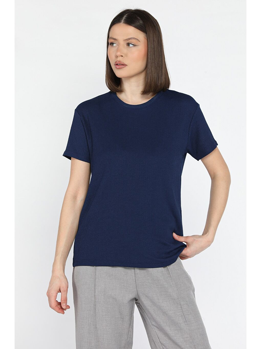 Lacivert Kadın Bisiklet Yaka Basic Tişört