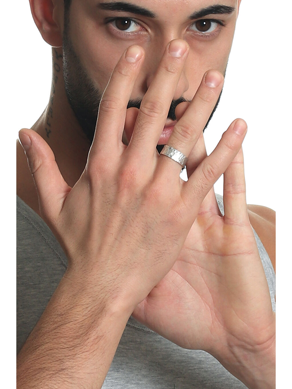 Gri Erkek Antik Gümüş Kaplama Ayarlanabilir Eskitme Dövülmüş Band Yüzük-4