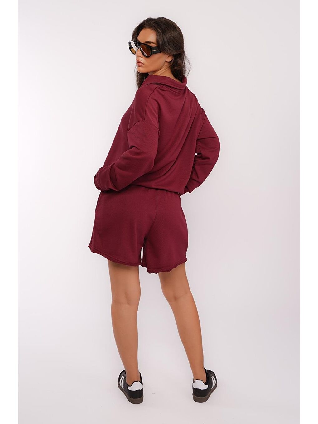 Bordo Polo Yaka Kadın Şort Sweatshirt Takım Mg2375-2