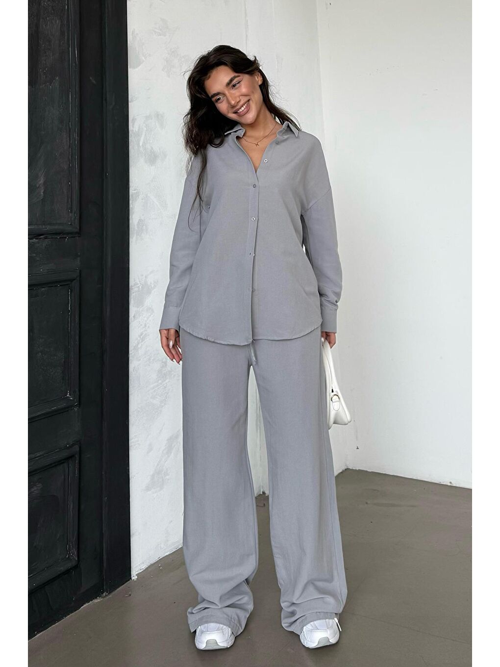Boyalı Gri Keten Kadın Gömlek Pantolon İkili Takım Mg2356