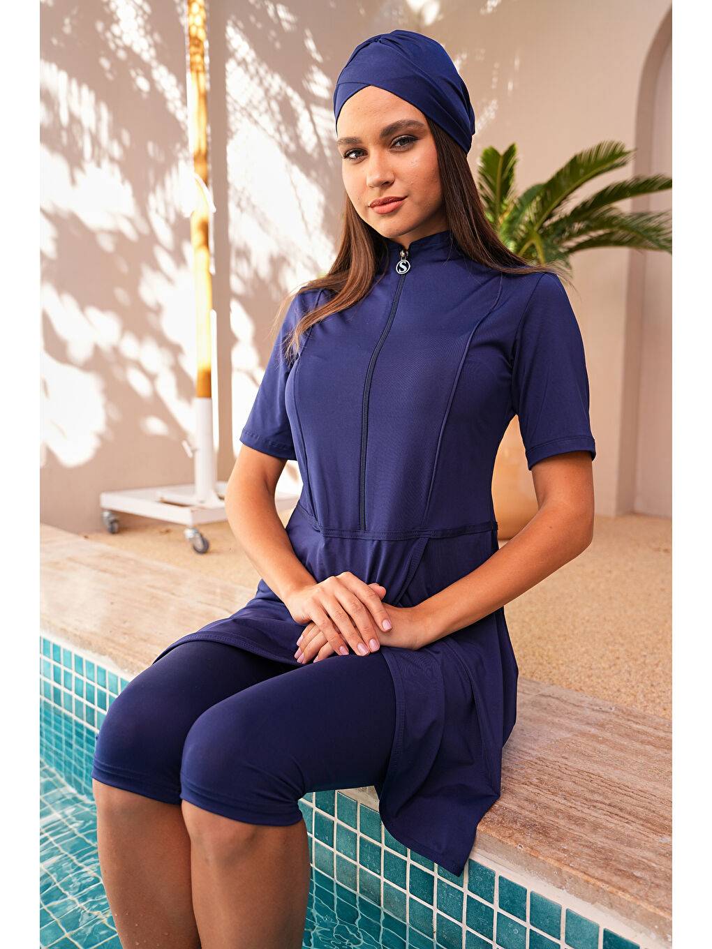 Lacivert Pareo Model Kısa Kol Yarı Kapalı Tesettür Mayo 2200-5