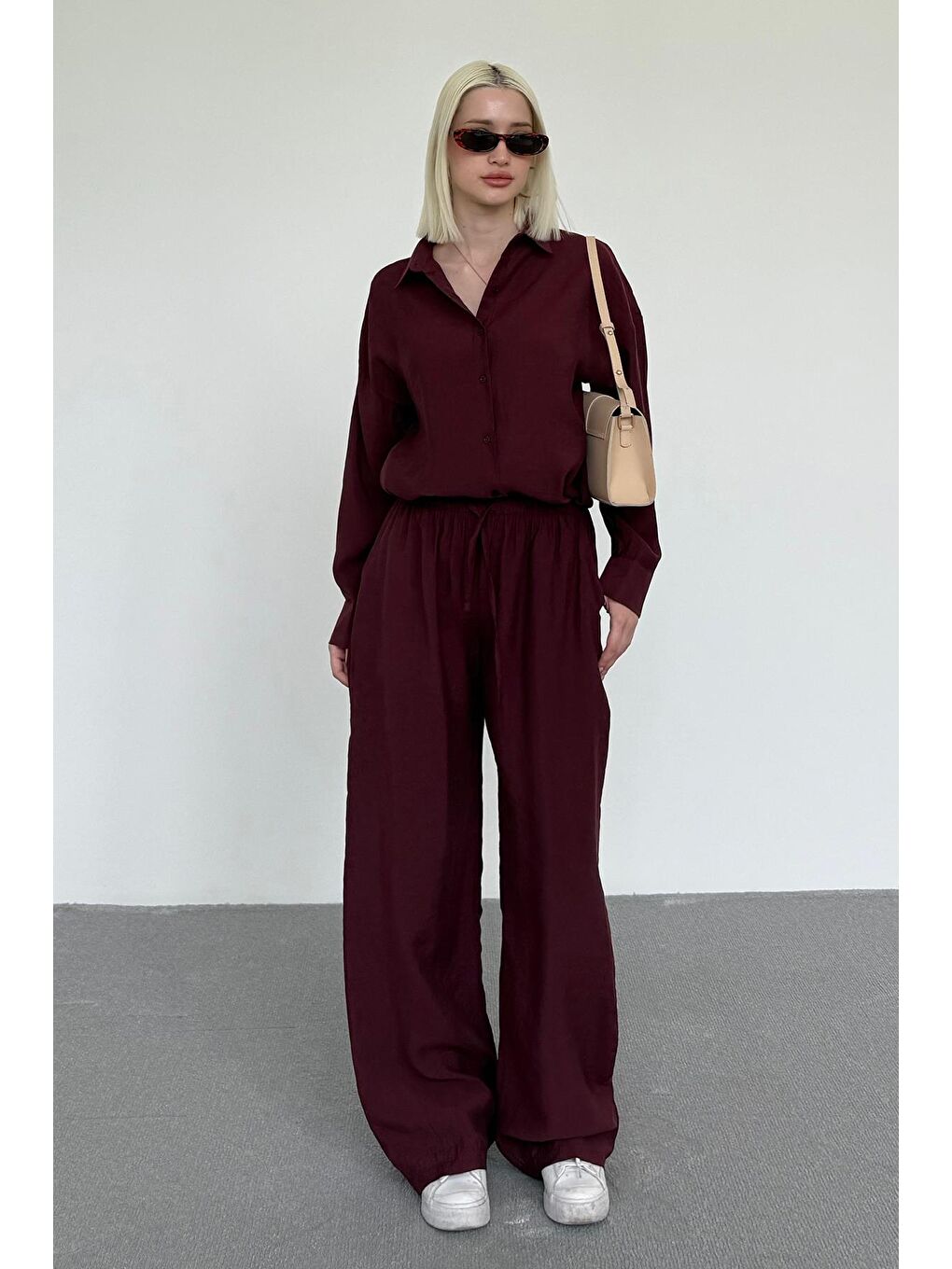 Bordo Basic Kadın Gömlek Pantolon İkili Takım Mg2352