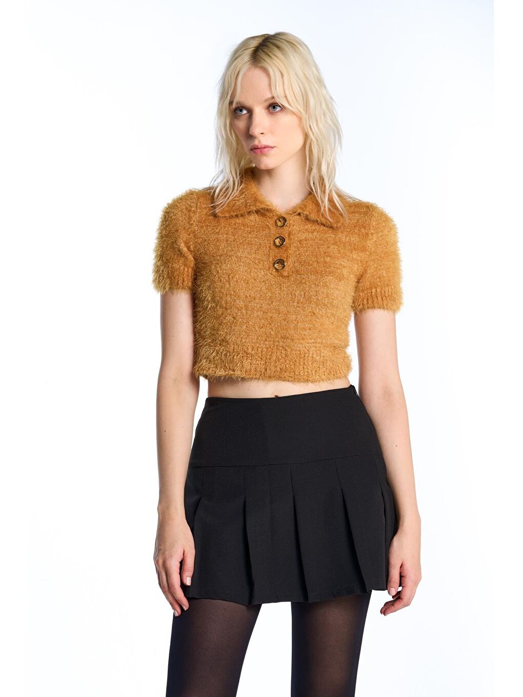 Sarı Hardal Polo Yaka Kısa Kol Triko Kazak