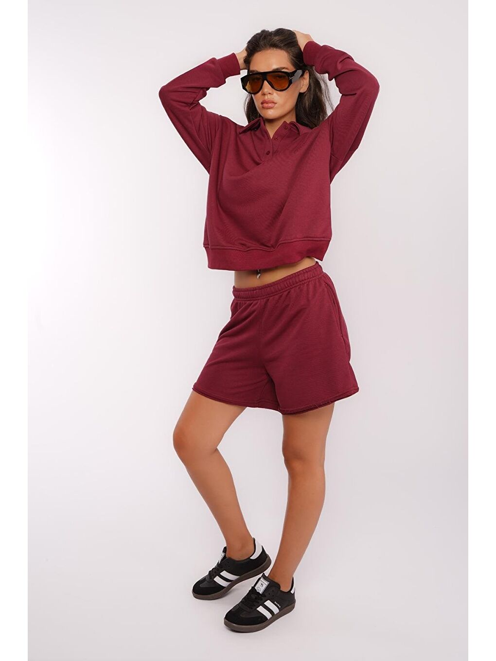Bordo Polo Yaka Kadın Şort Sweatshirt Takım Mg2375-3