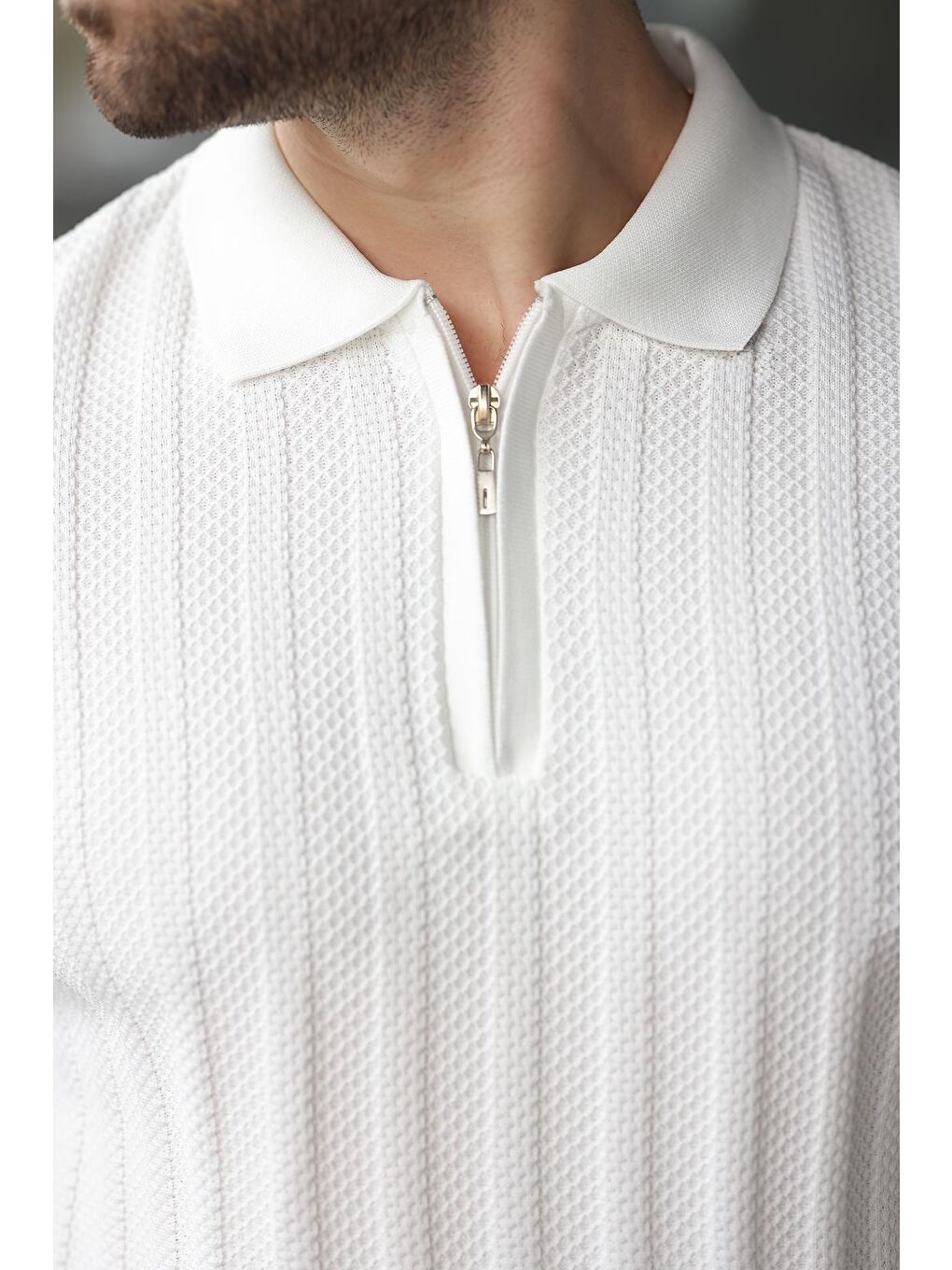 Beyaz Yarım Fermuarlı Polo Yaka Triko Kazak E7426-2