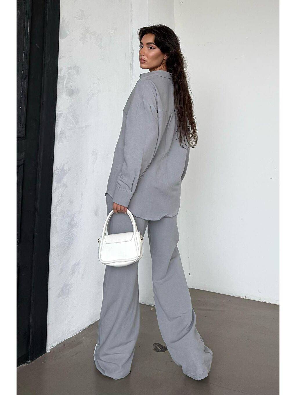 Boyalı Gri Keten Kadın Gömlek Pantolon İkili Takım Mg2356-1