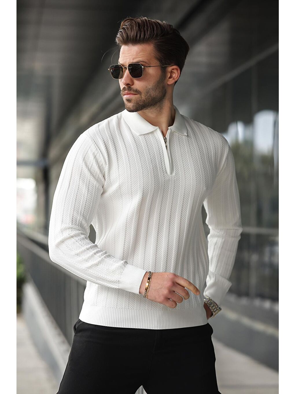 Beyaz Yarım Fermuarlı Polo Yaka Triko Kazak E7426-3