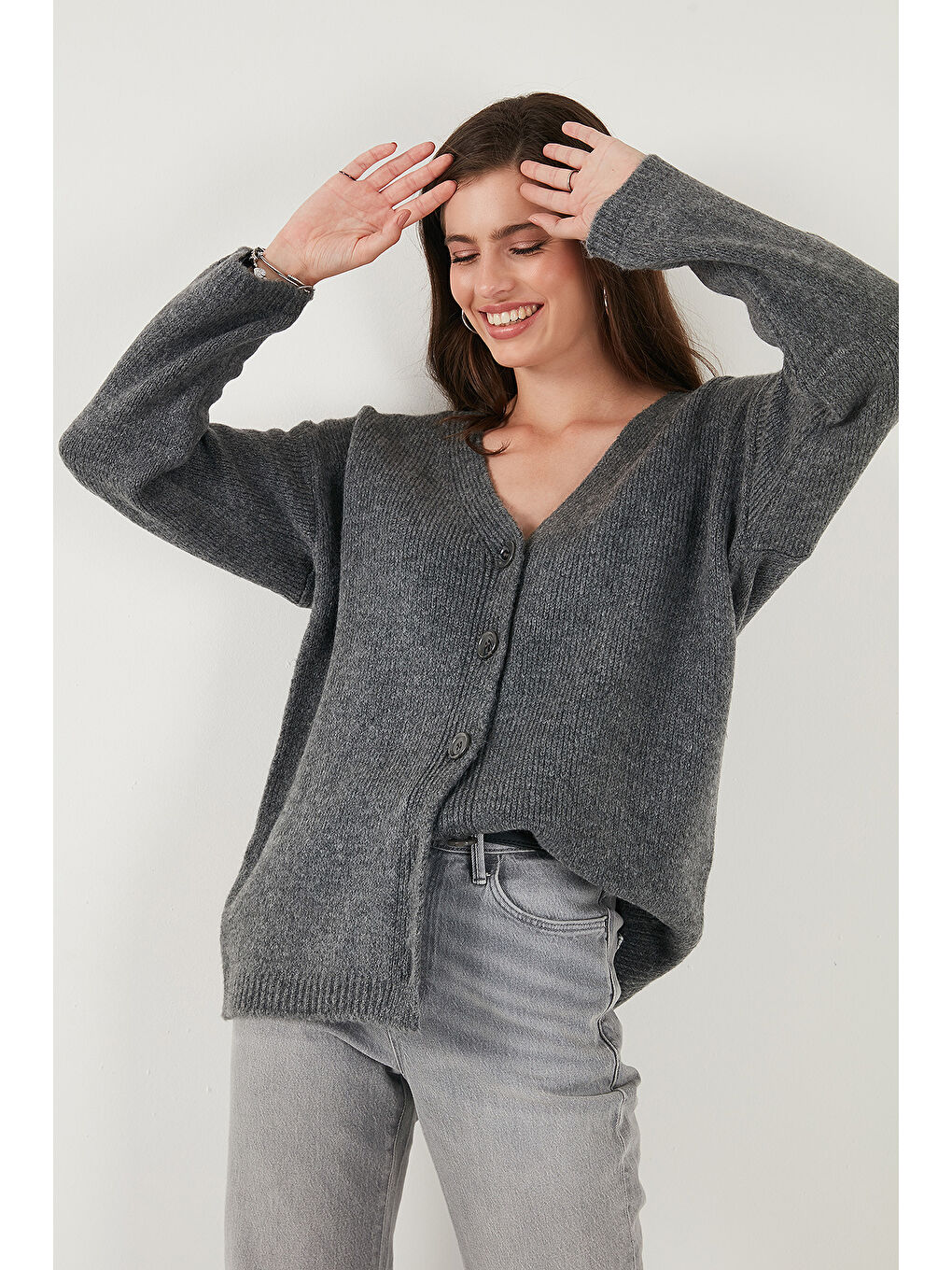 Antrasit Regular Fit V Yaka Düğmeli Triko Hırka 4616229-4