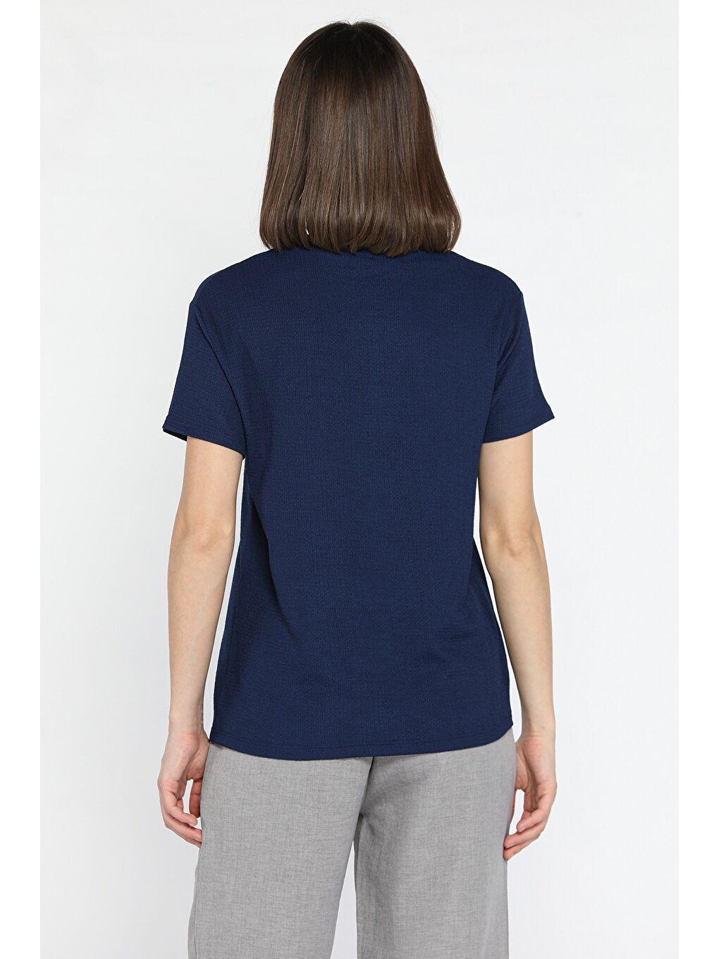 Lacivert Kadın Bisiklet Yaka Basic Tişört-2