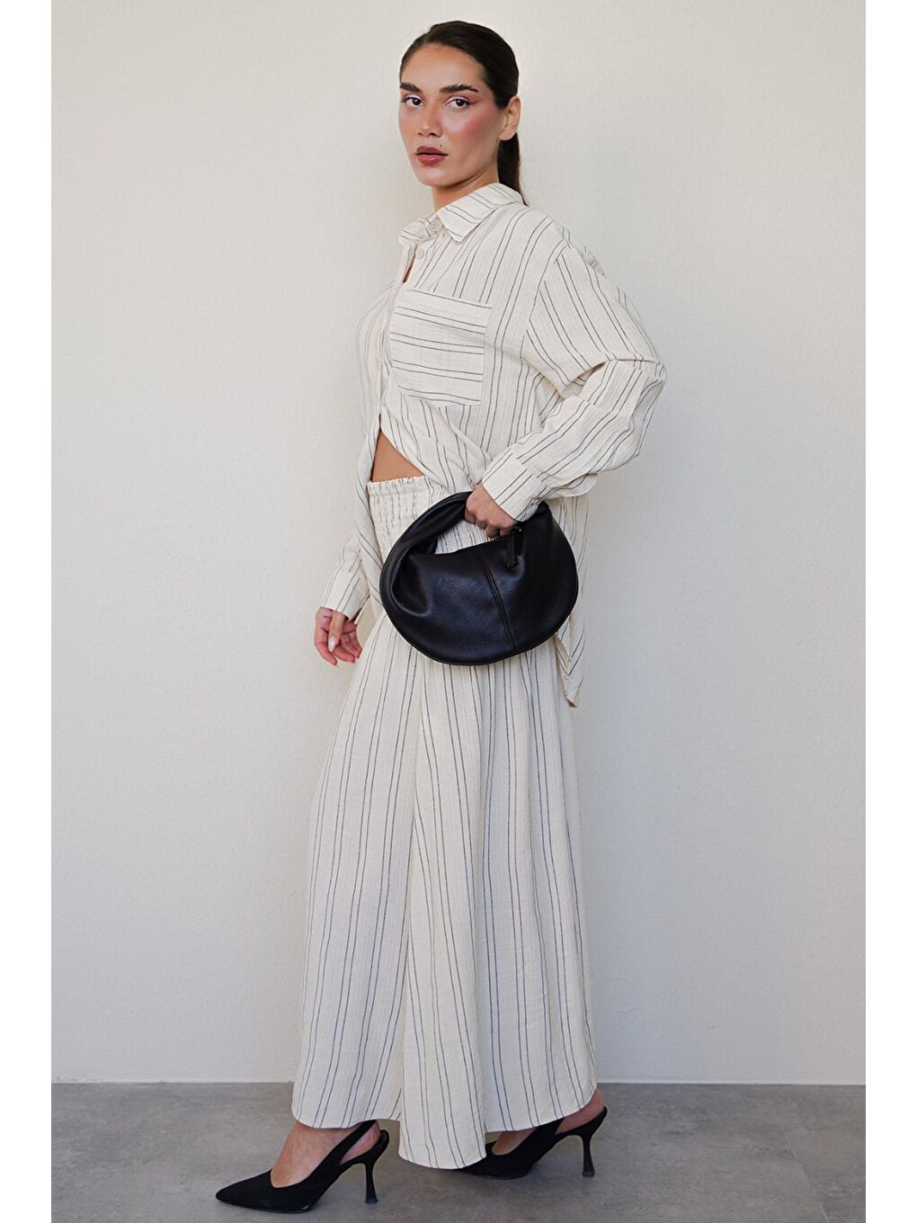 Ekru Çizgili Keten Etek Gömlek Takım Mg2447-3