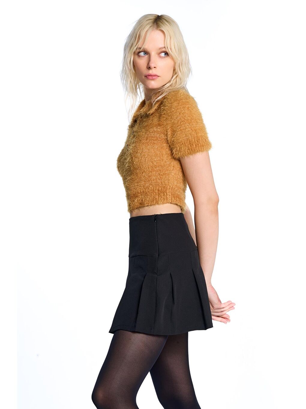 Sarı Hardal Polo Yaka Kısa Kol Triko Kazak-2