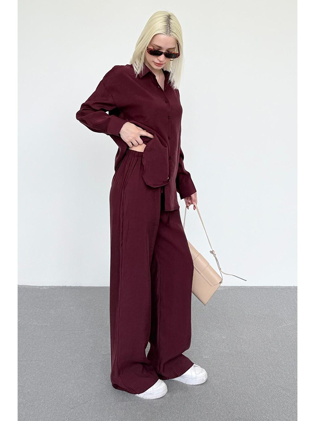 Bordo Basic Kadın Gömlek Pantolon İkili Takım Mg2352-1