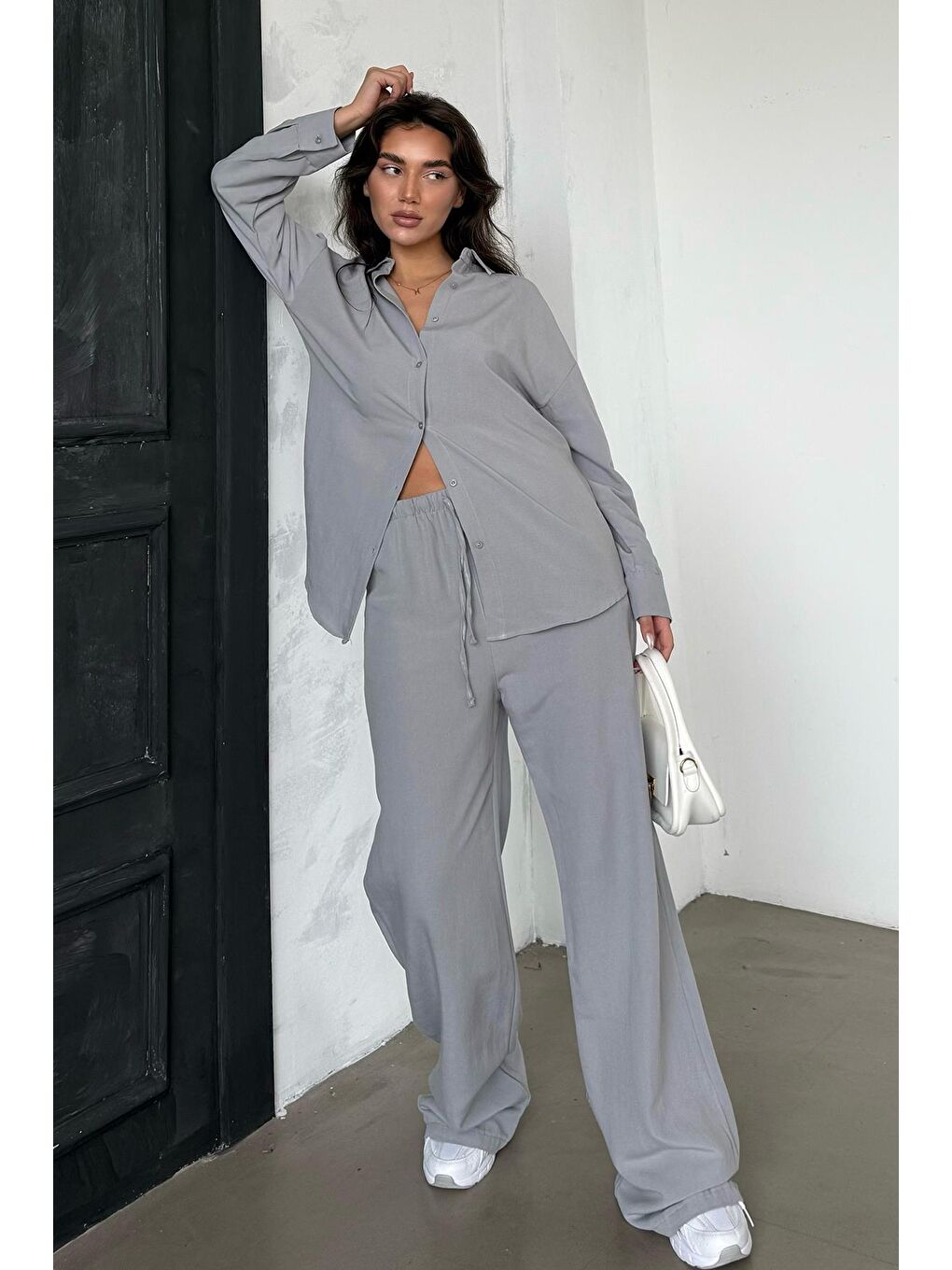 Boyalı Gri Keten Kadın Gömlek Pantolon İkili Takım Mg2356-2