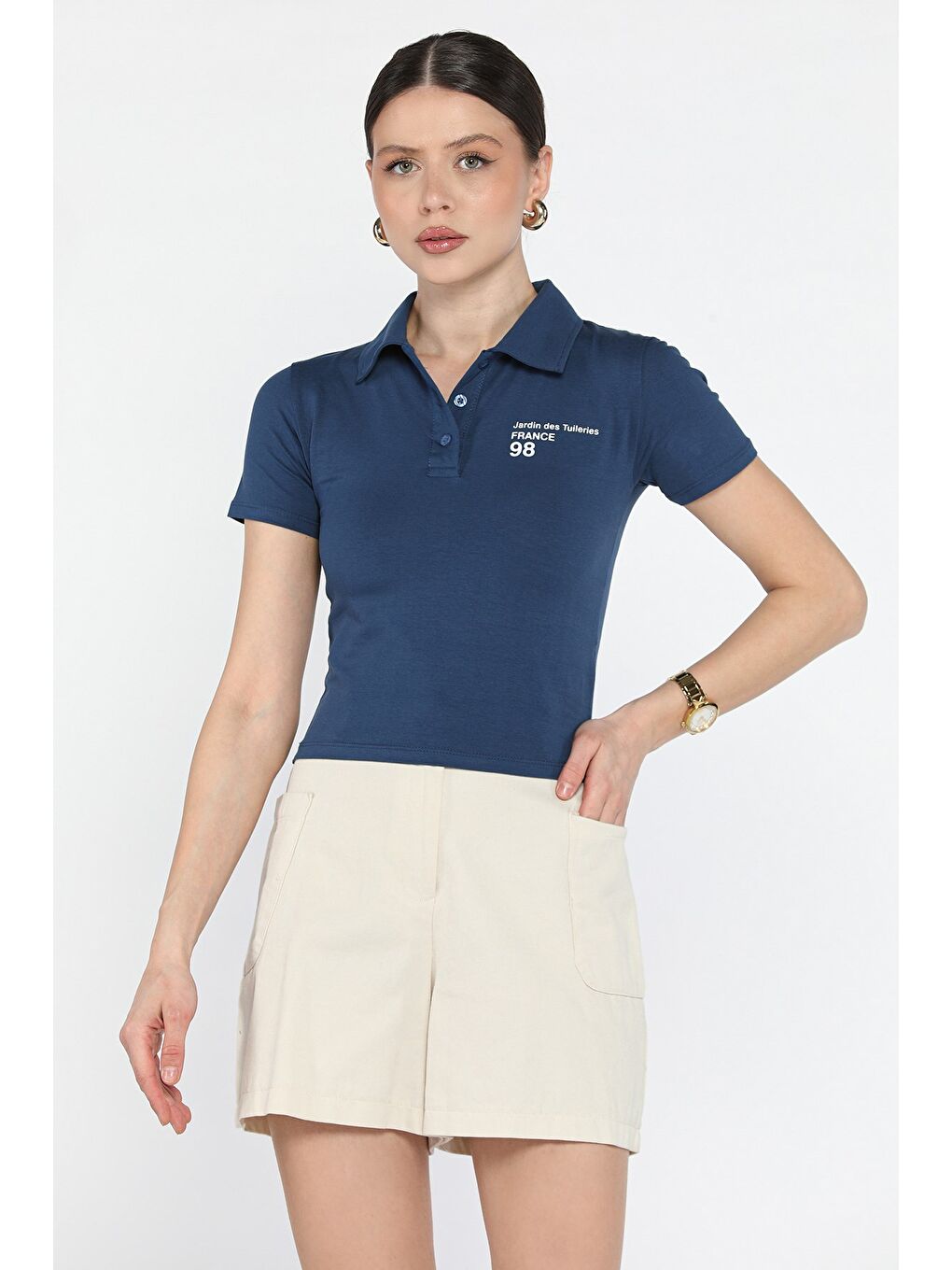 Lacivert Polo Yaka Yarım Düğmeli Kadın Tişört