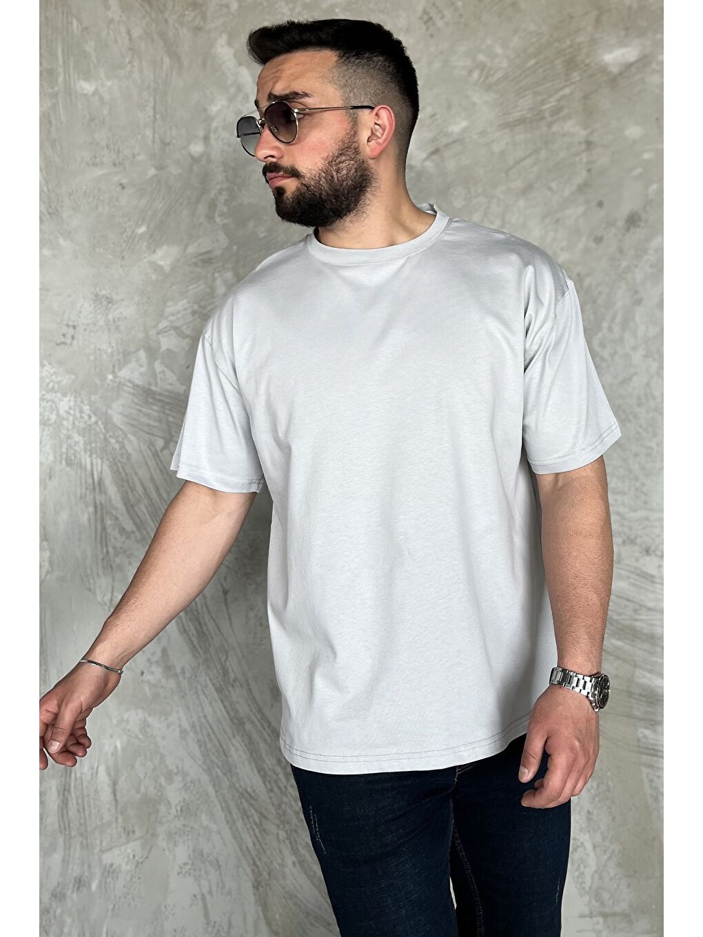 Gri Bisiklet Yaka Erkek Tişört-1