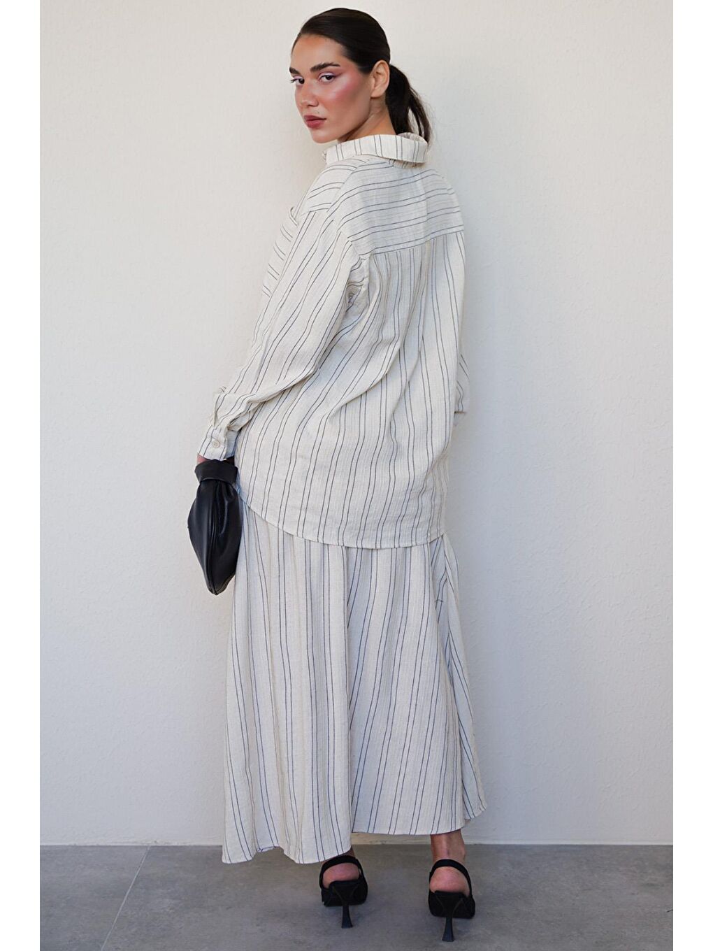 Ekru Çizgili Keten Etek Gömlek Takım Mg2447-4